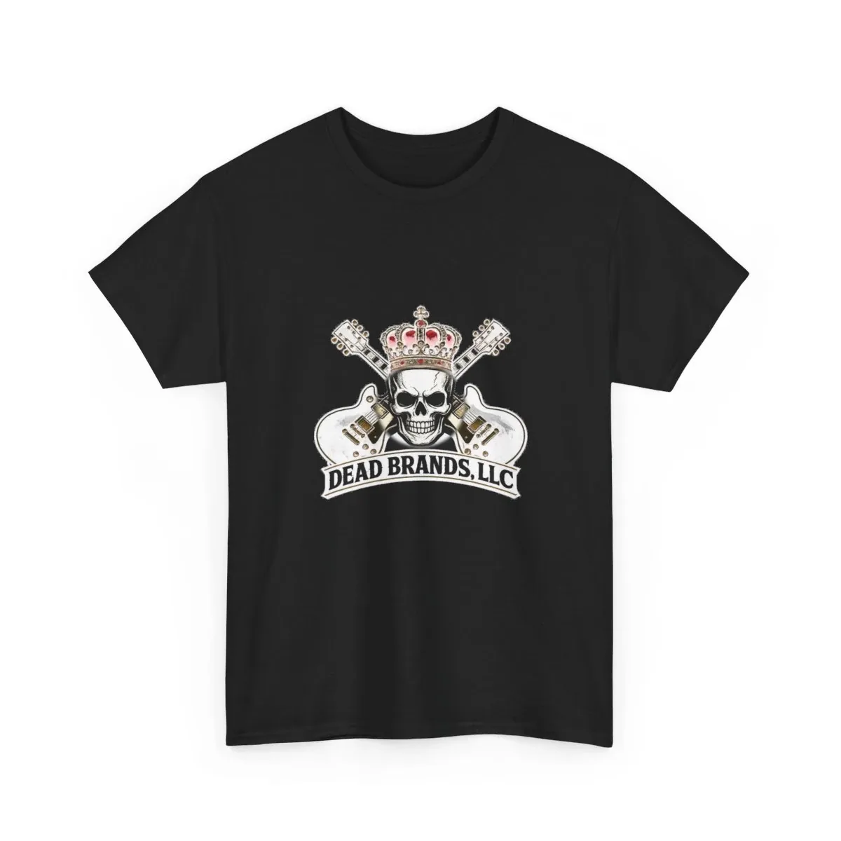Dead Brands Logo Tee — black crew-neck shirt with the crowned skull and crossed guitars logo, studio product photo