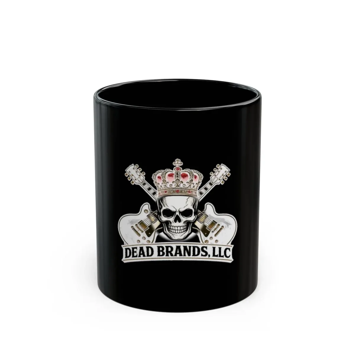 Dead Brands Logo Mug — black ceramic mug with the crowned skull and crossed guitars logo
