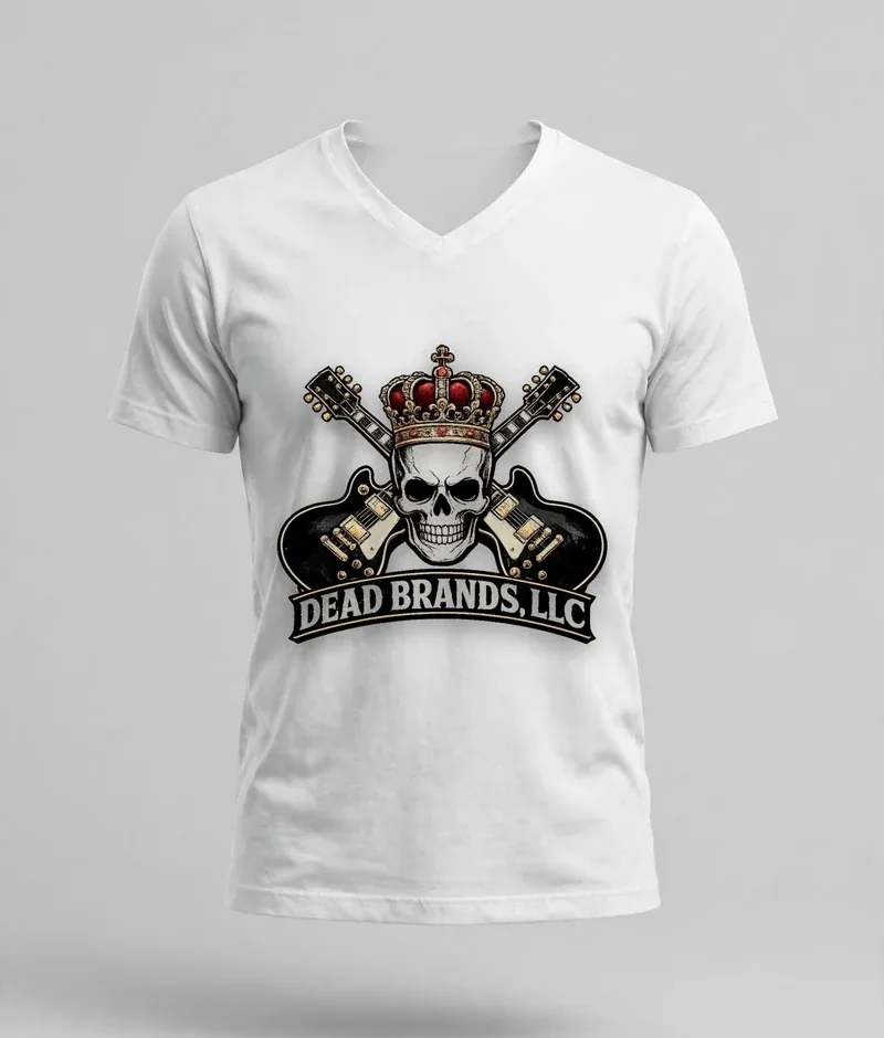 Dead Brands white v-neck — white v-neck shirt with the official Dead Brands crowned skull logo
