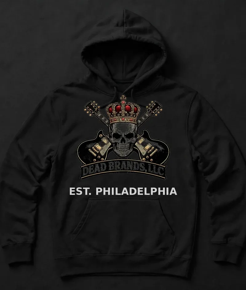 Philly Dead Brands hoodie — black hoodie with the official Dead Brands crowned skull logo and EST. PHILADELPHIA