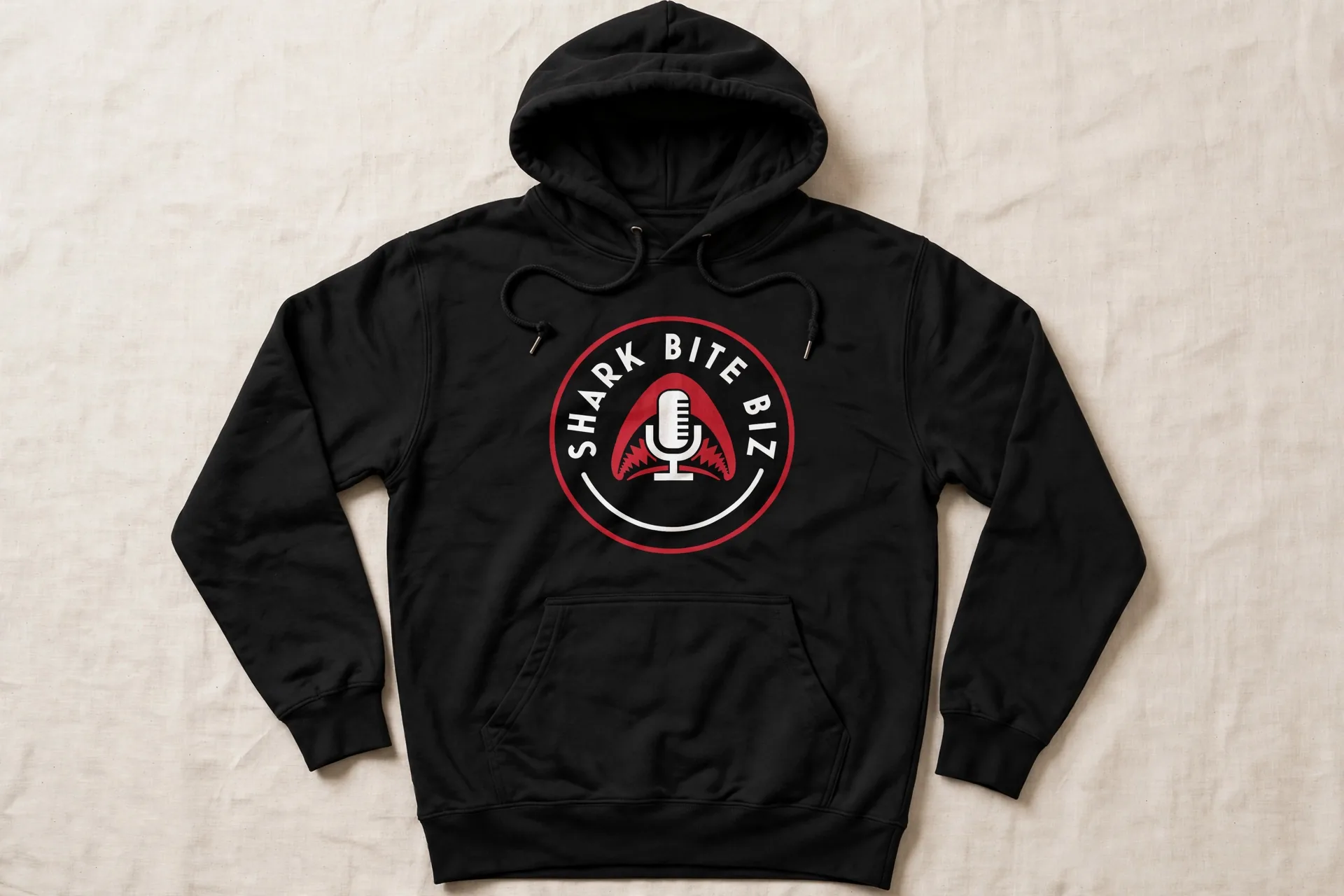 Shark Bite Biz hoodie — black pullover hoodie with the official Shark Bite Biz logo