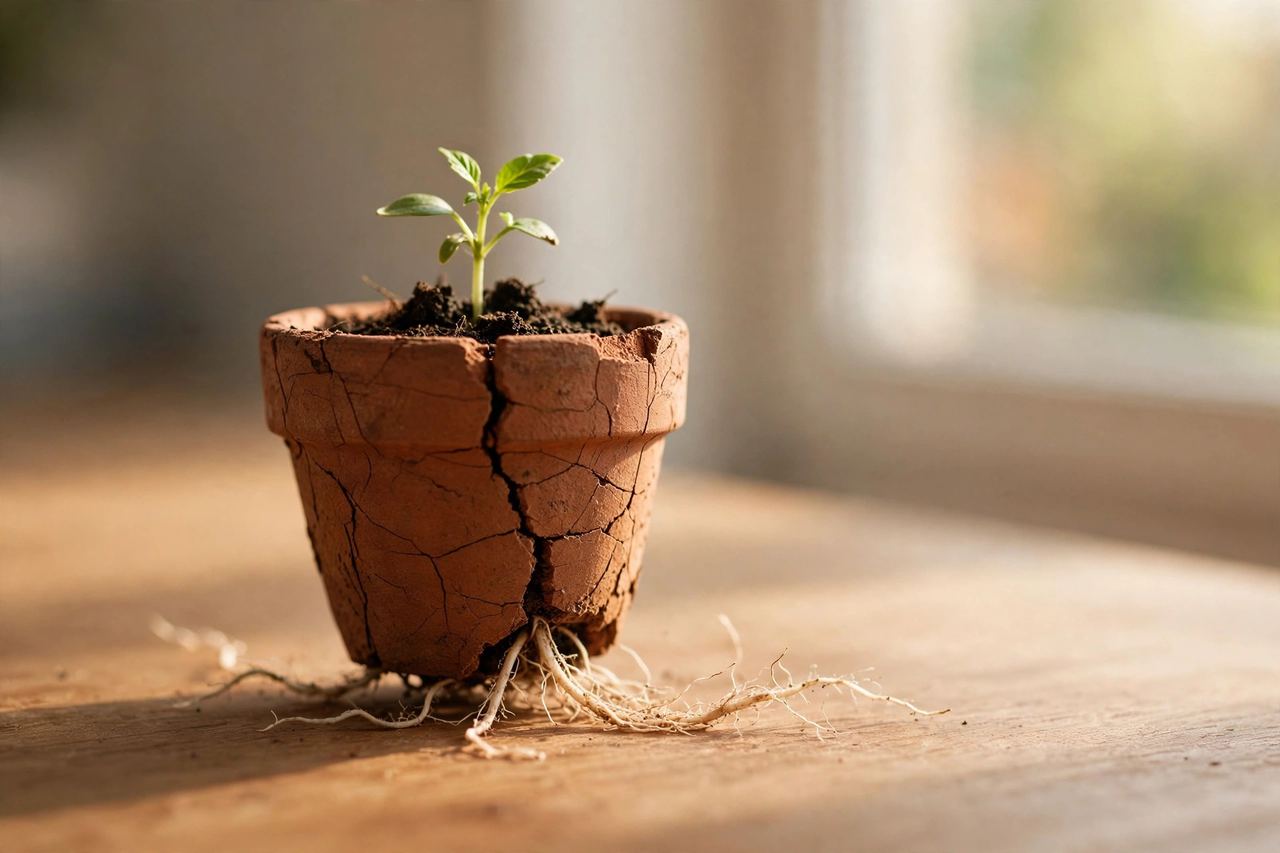 Small plant outgrowing a tiny pot with roots breaking through