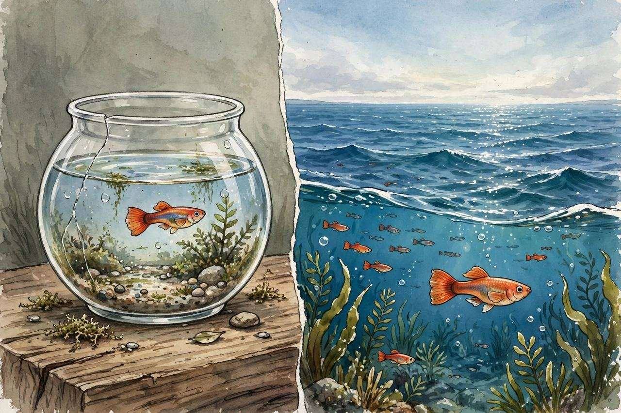 Small fishbowl next to a vast ocean