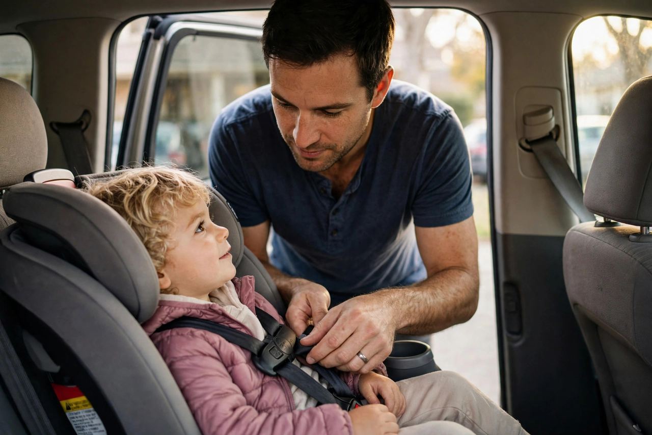 Dad buckling a toddler into a car seat