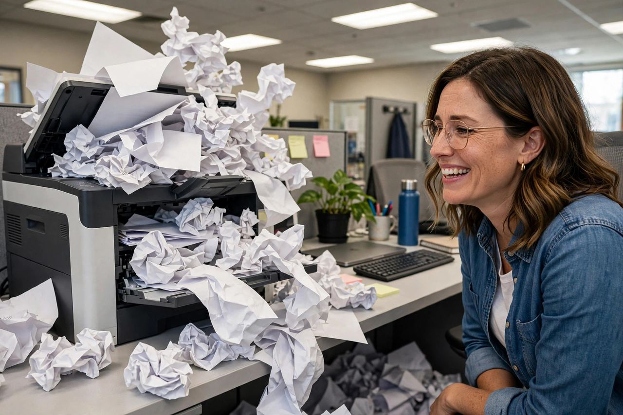 Smiling woman laughing at a printer overflowing with crumpled paper
