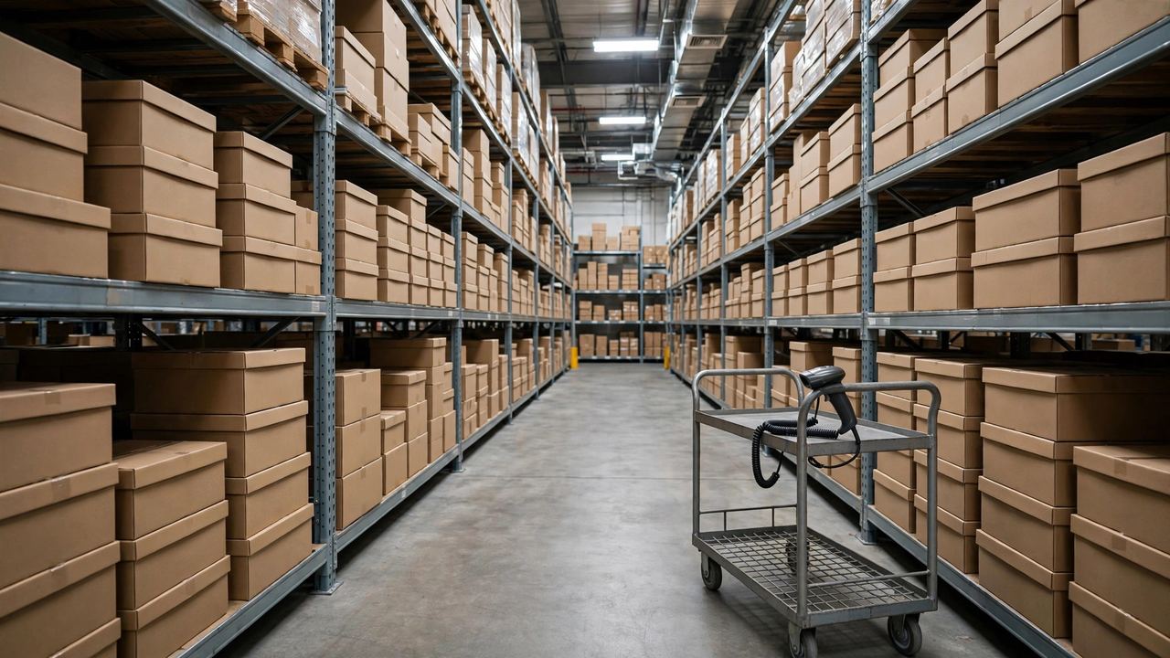 Warehouse aisle with neatly stacked boxes and a barcode scanner cart