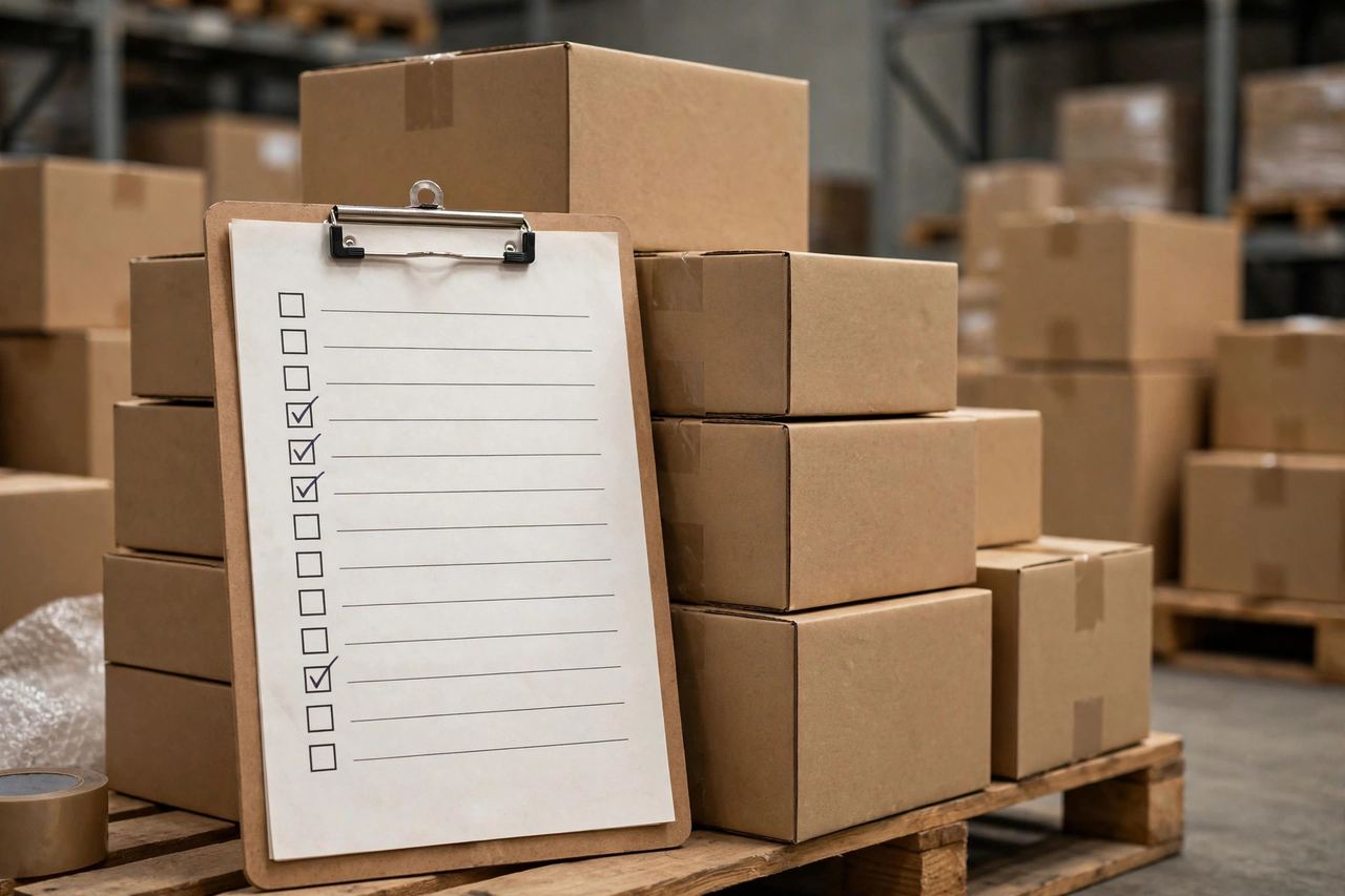 Inventory checklist clipboard leaning against stacked boxes