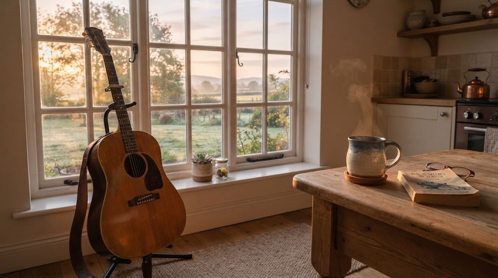 Acoustic guitar on a stand beside a sunlit kitchen window at dawn with coffee