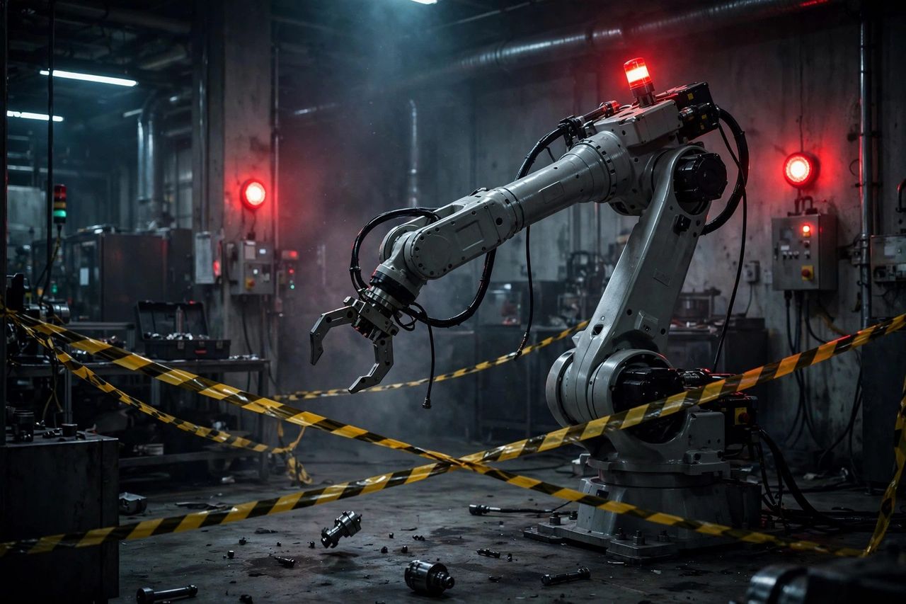 Industrial robot arm stopped behind yellow caution tape with red warning lights glowing in a dark factory