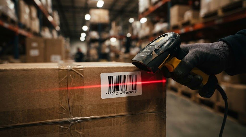 Close-up of a red laser scanner beam reading a barcode label on a shipping box