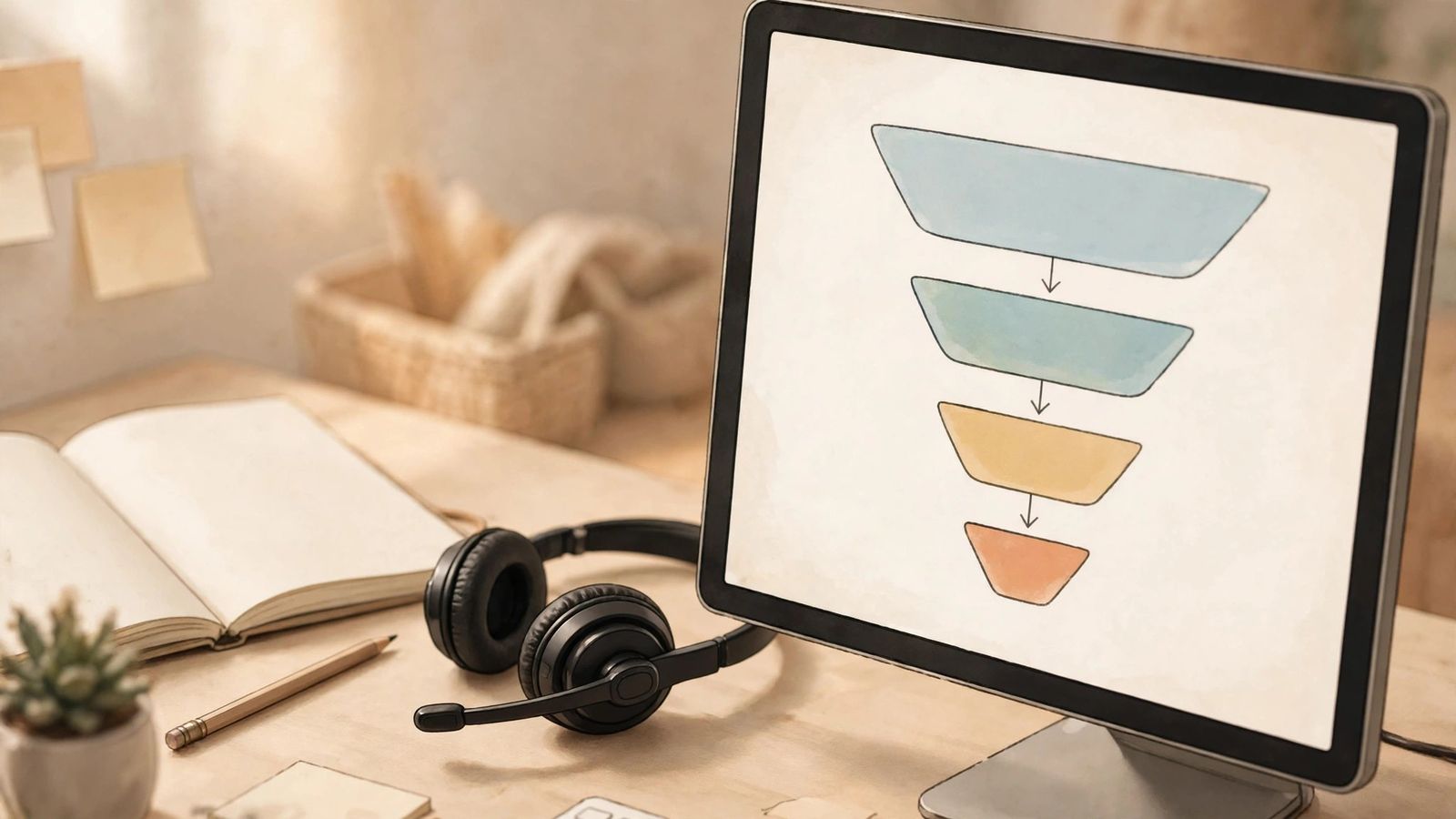Illustration: salesperson desk with phone headset and notebook next to monitor showing 4-stage sales funnel