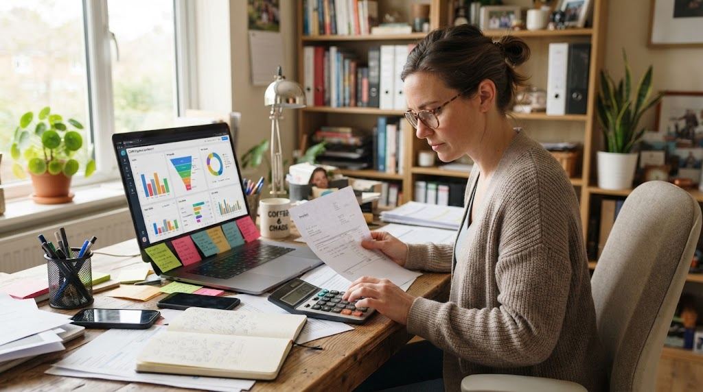 Small business owner comparing numbers with a calculator and CRM charts on a laptop