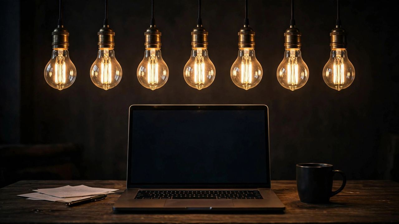 Seven glowing lightbulbs above an open laptop