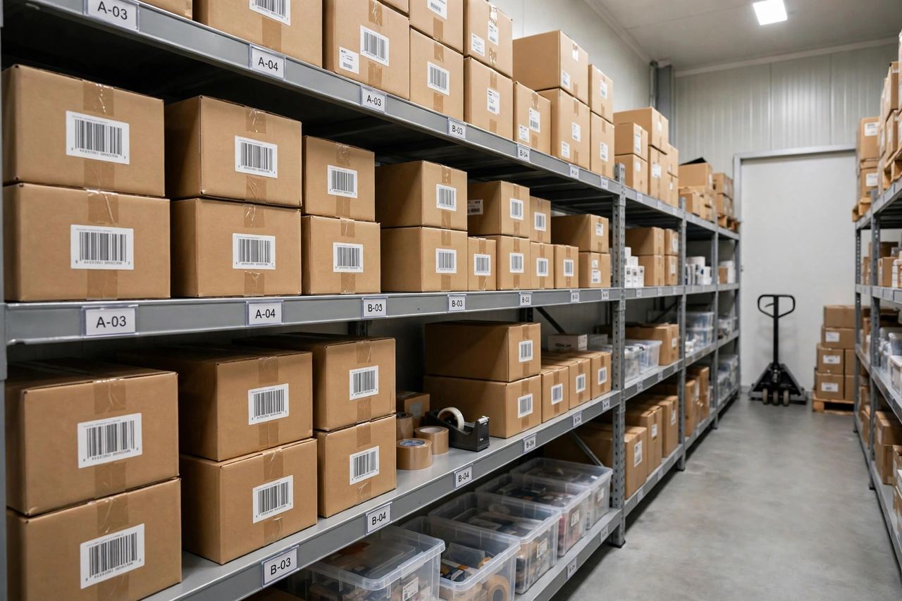 Organized warehouse shelves with barcode labels