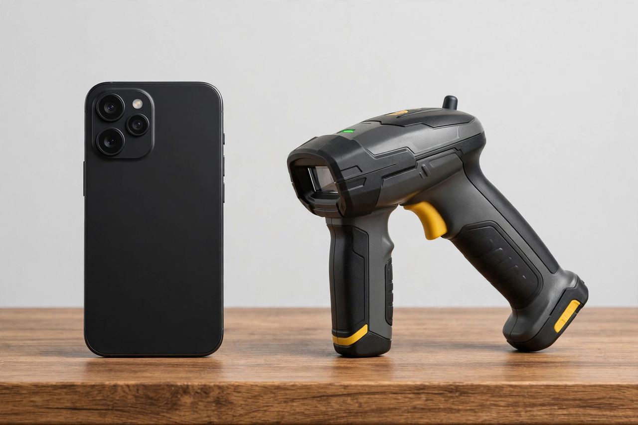 Smartphone next to expensive industrial barcode scanner