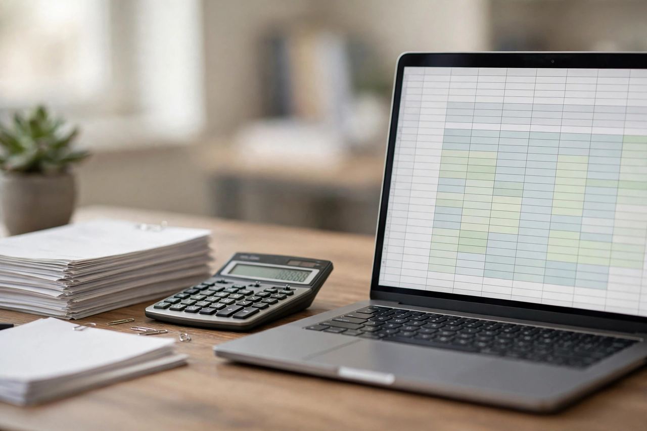 Laptop showing a spreadsheet grid beside a calculator and a stack of papers