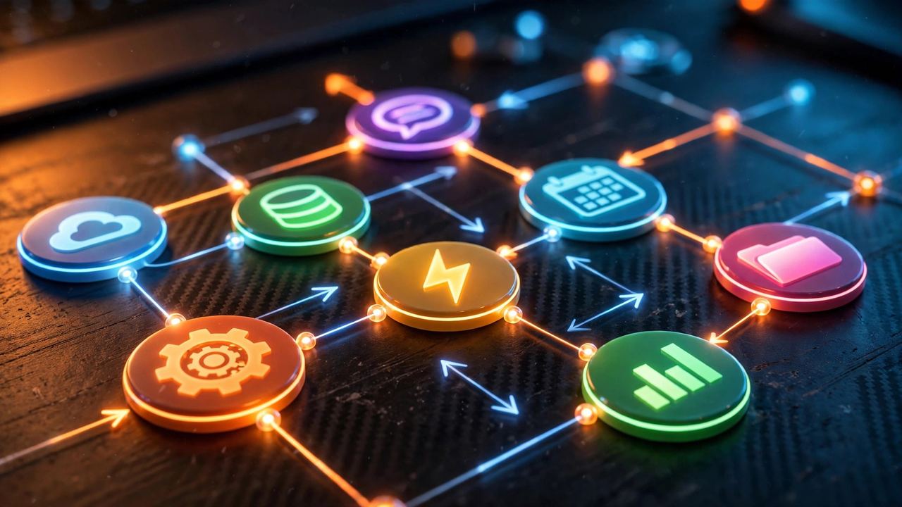 Close-up of glowing neon app icons — cloud, database, calendar, gear, lightning bolt, charts, folder — connected by lines, representing integrated no-code app f