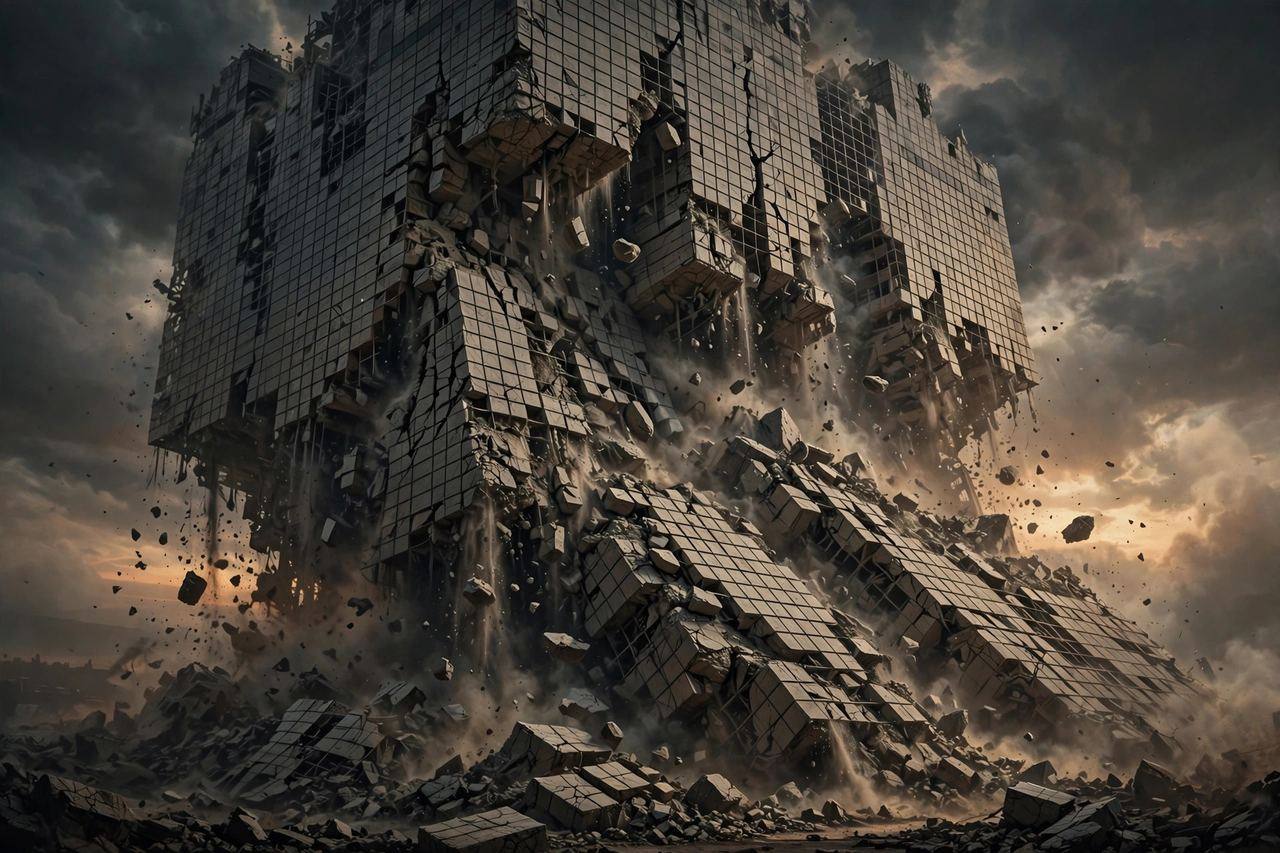 Giant spreadsheet grid crumbling like a collapsing building