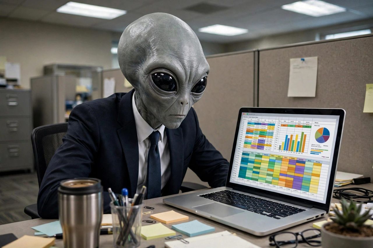 An alien in a business suit studying spreadsheets on a laptop
