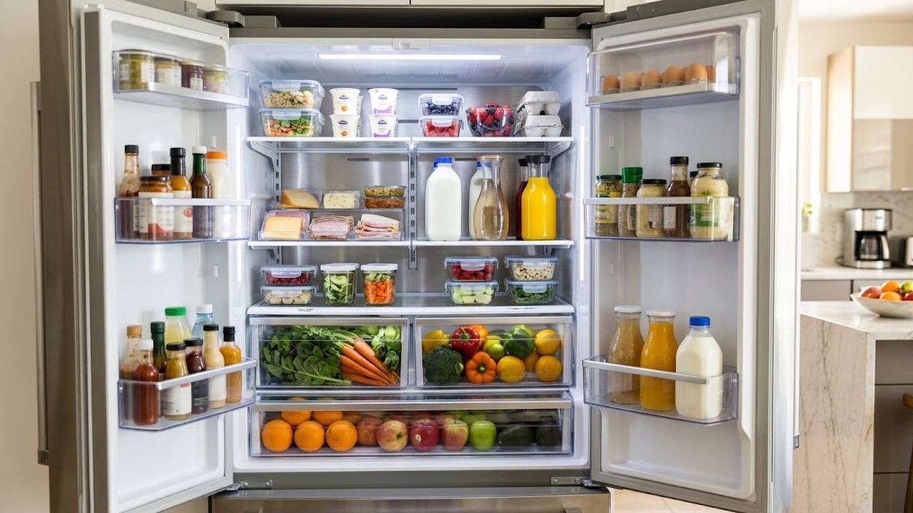 A fully stocked open refrigerator with labeled shelves, meal-prep containers, milk, juice, and crisper drawers full of produce.