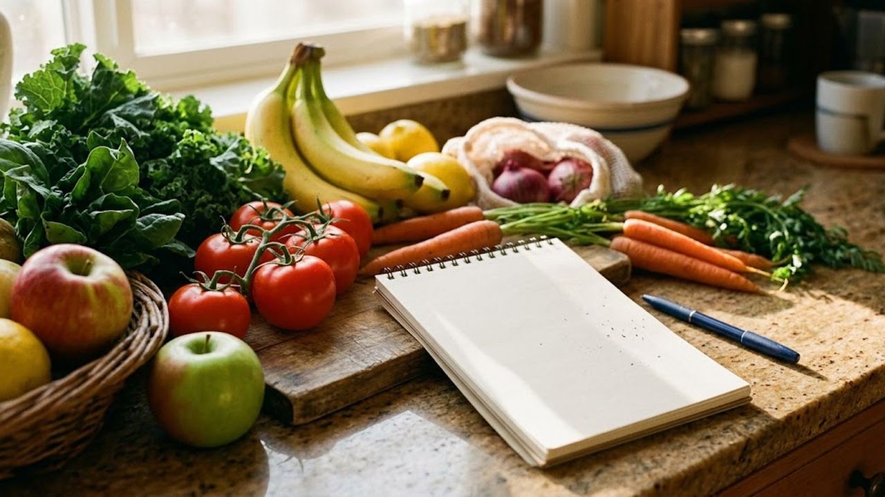 Fresh groceries on a kitchen counter — kale, tomatoes, bananas, carrots, apples — beside a blank spiral grocery-list notepad and pen.