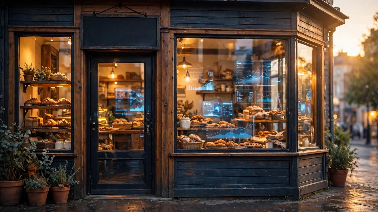 Small bakery storefront glowing at golden hour with a subtle digital dashboard glow reflected in the windows
