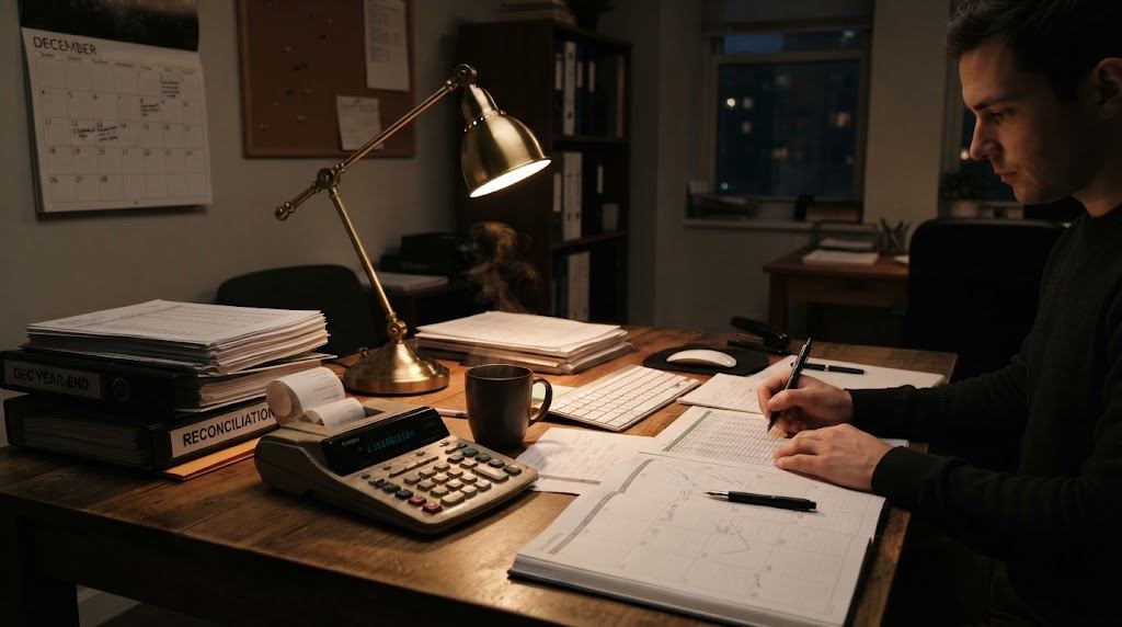 Accountant's desk during December year-end close with calculator and paperwork
