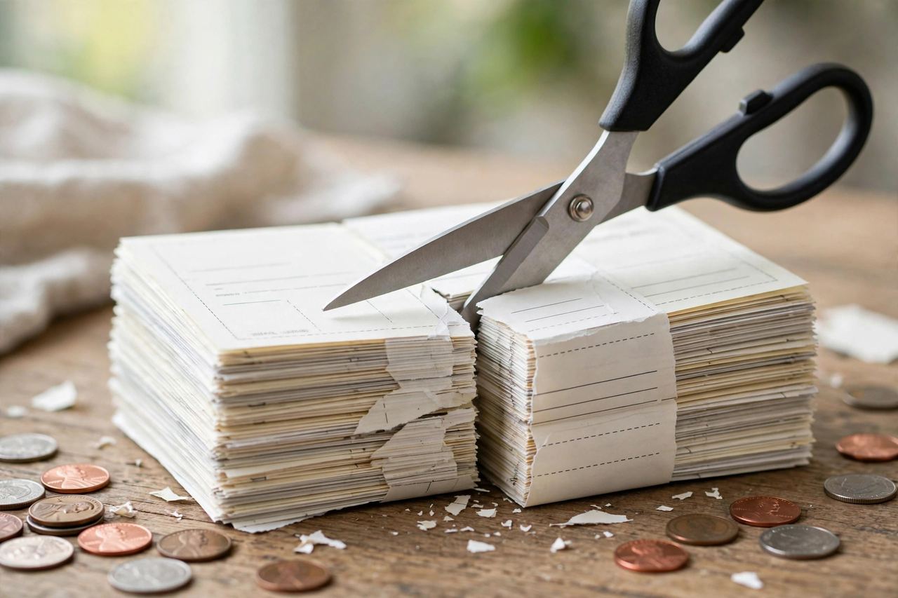 Scissors cutting through a stack of subscription bills