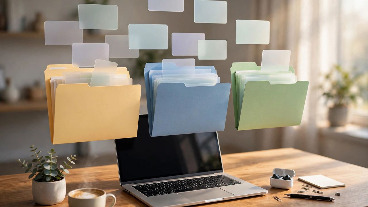 Three colorful file folders floating above a laptop with blank task cards rising from them, symbolizing automated document workflows