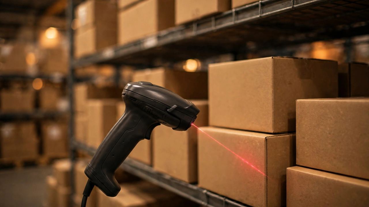 Barcode scanner aimed at boxes on warehouse shelves