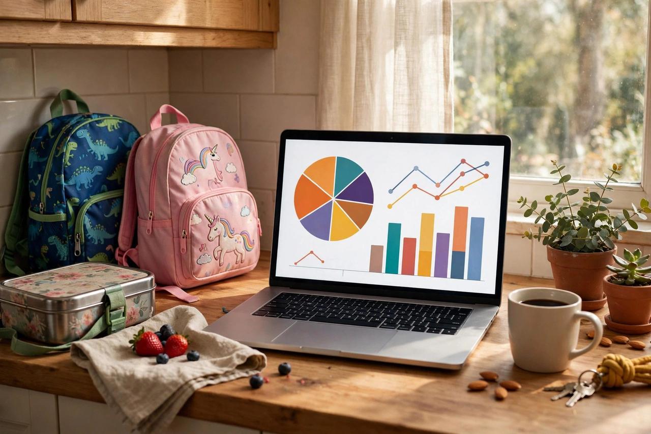 Laptop with charts on a kitchen counter next to kids' backpacks