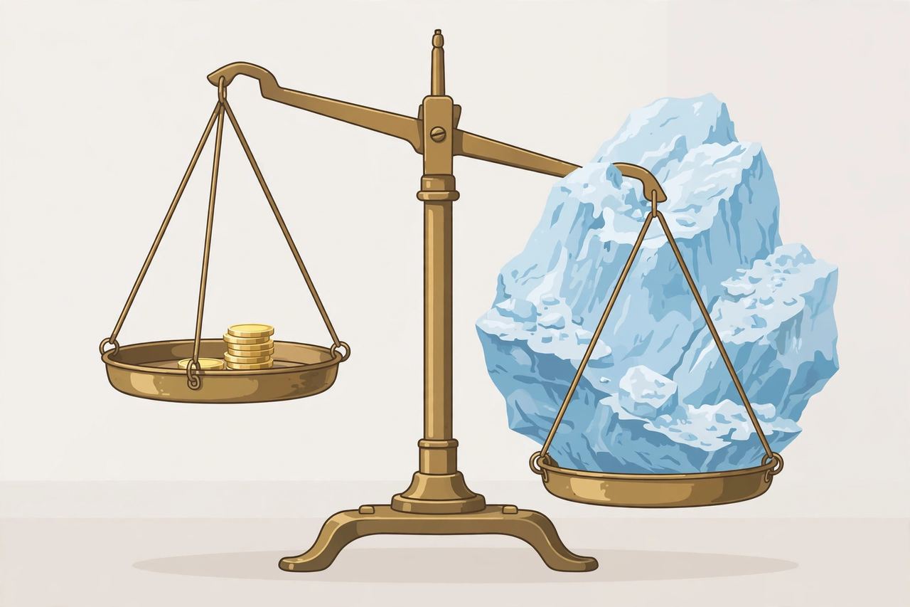 Balance scale weighing a small coin stack against a large iceberg of hidden fees